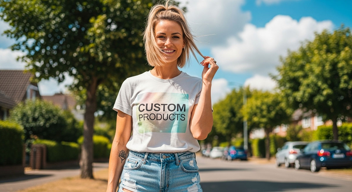 Woman standing on the street in custom clothing